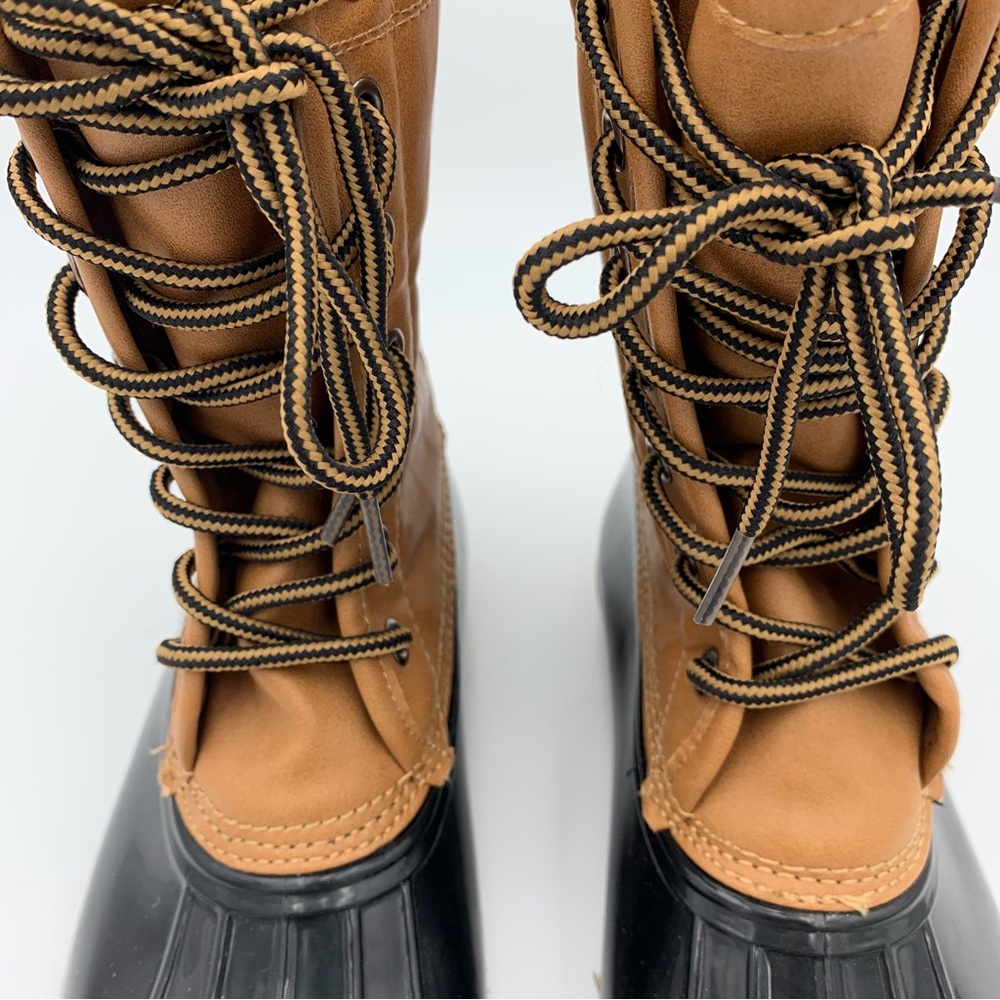 Madden Girl Flurry Duck Rain Boot Tan Black Women Sz 6.5 Fleece Plaid Lining EUC - Picture 5 of 14